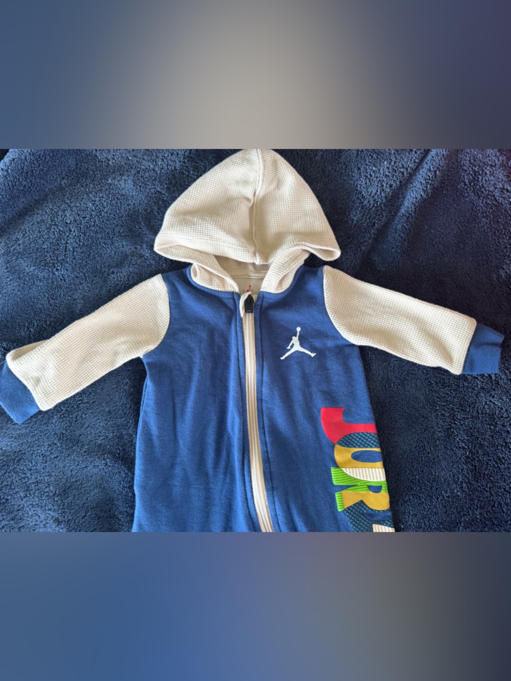 Nike Air Jordan Blue & Cream Color Messy Room Hooded Infant Coveralls, 3-6M (6M) - Picture 6 of 9